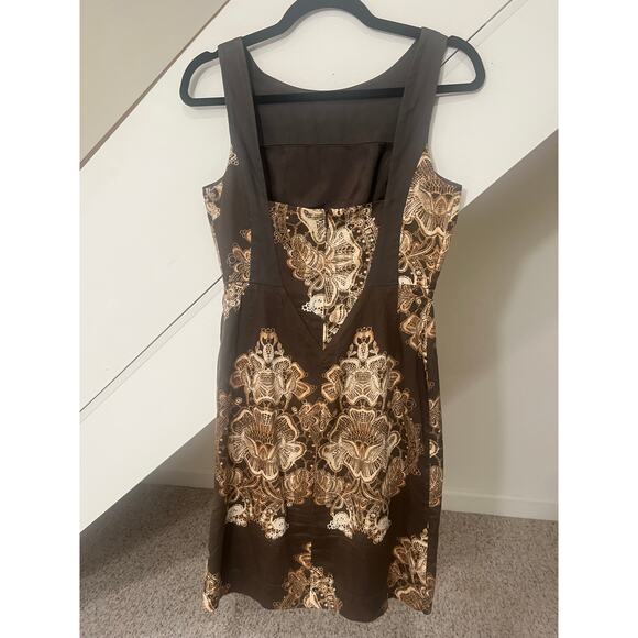 Anthropologie Leifsdottir Sleeveless Brown Dress Tan Print Design Zip Back SZ 4 - Picture 2 of 5